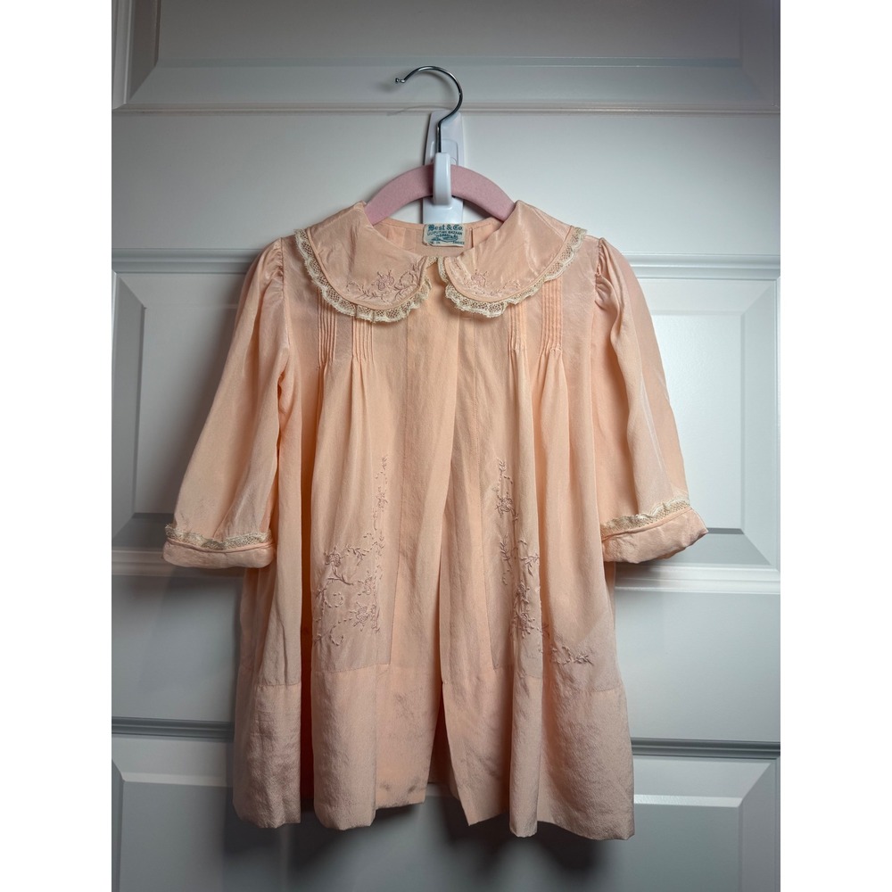 Vintage Best & Co Liliputian Bazaar Peach Embroidered Lace Baby Robe France Silk